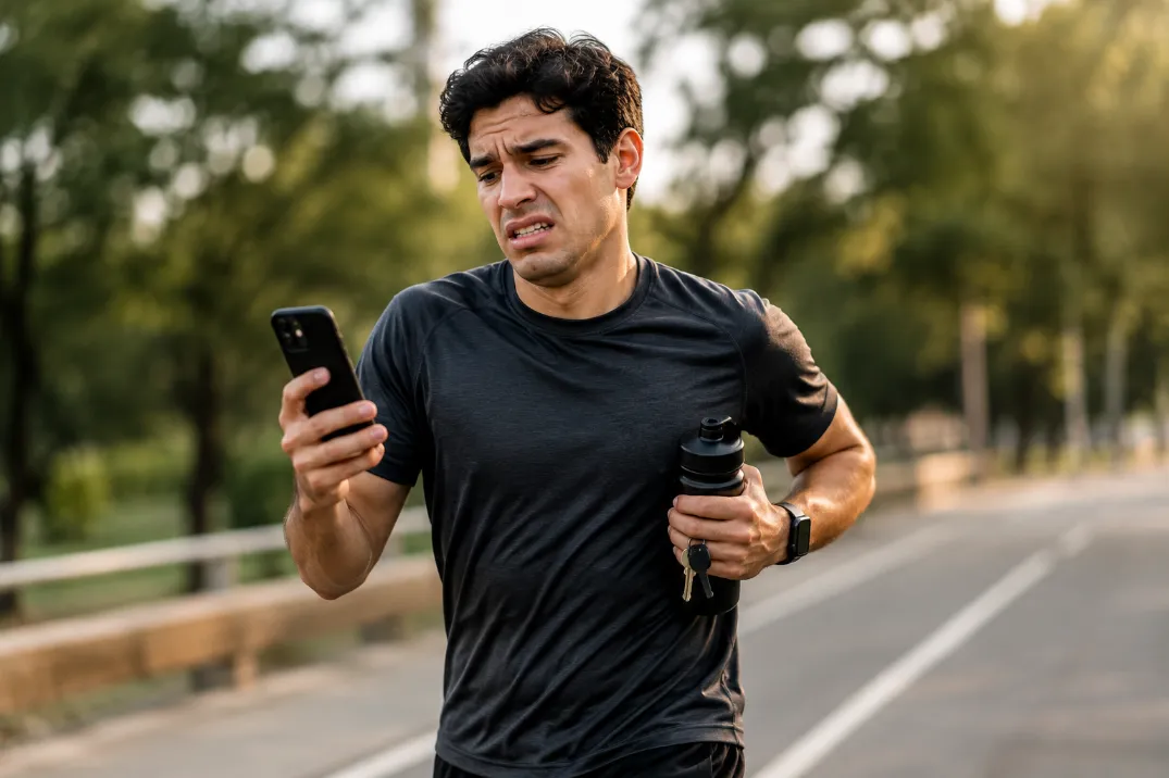 Corredor incómodo llevando objetos mientras corre